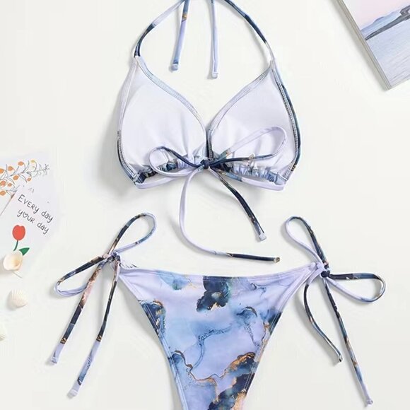 String Bikini with Side Ties, Size Small (Blue White and Gold Marbled) NWT - Picture 2 of 6